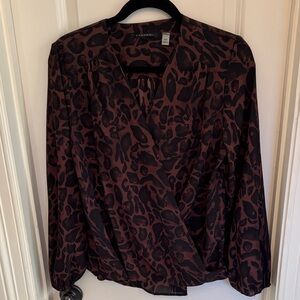 T Tahari Leopard Print Wrap Blouse - Black and Brown